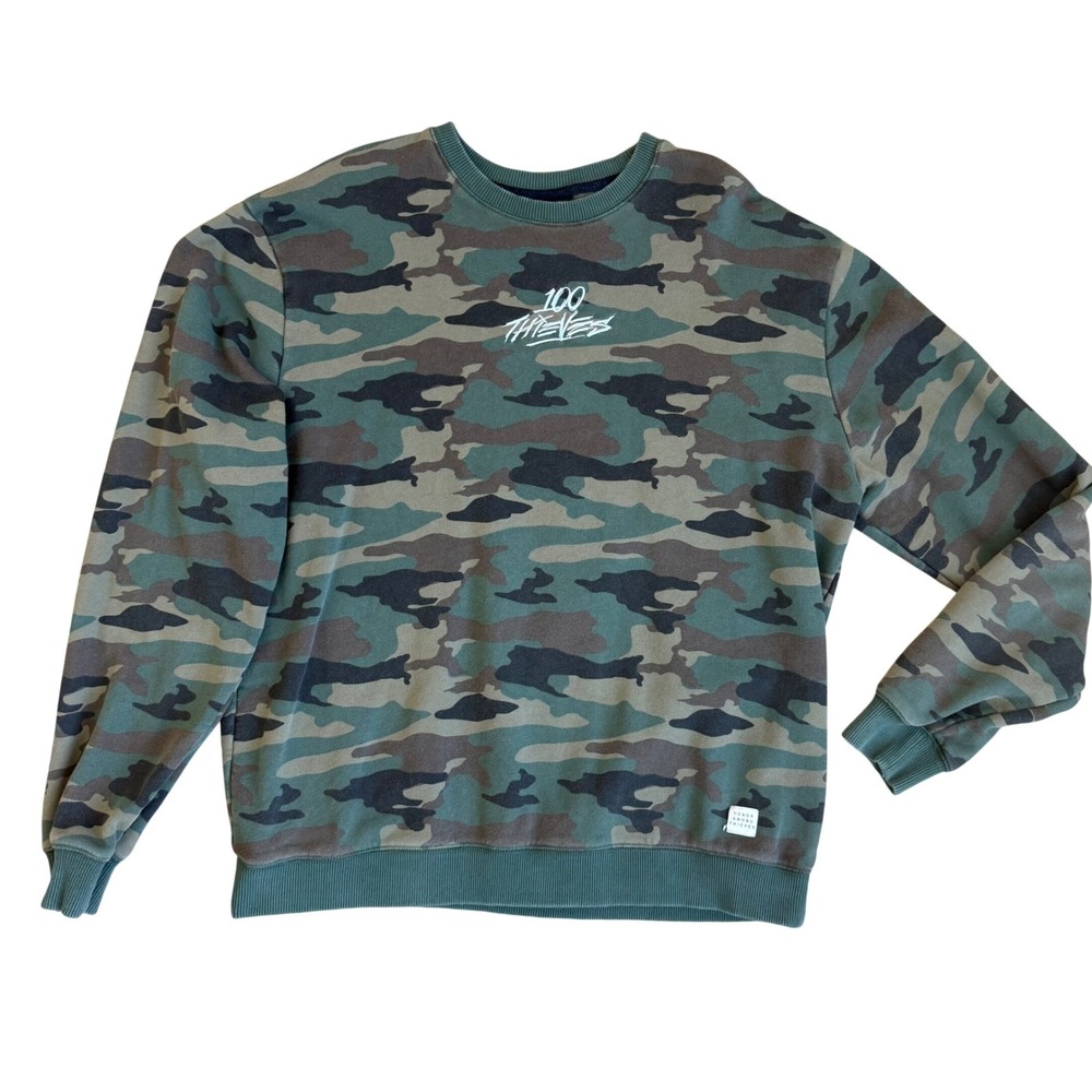 100 Thieves Mens Camo Crewneck Sweatshirt Green Camouflage Cotton Logo Large